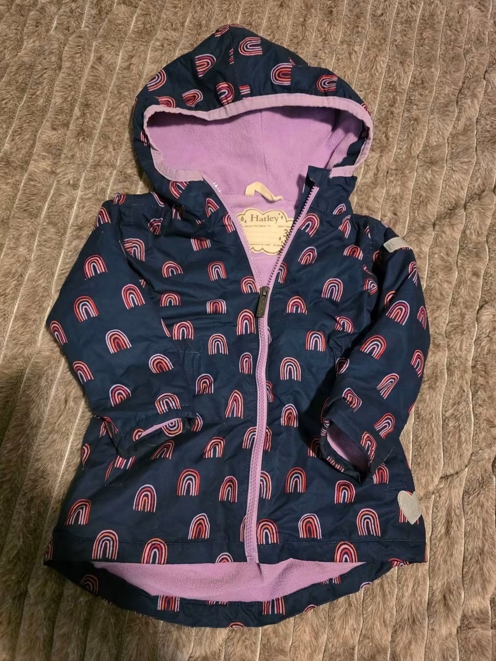 Hatley Navy Jacket with Pink Rainbow Print and Lilac Lining